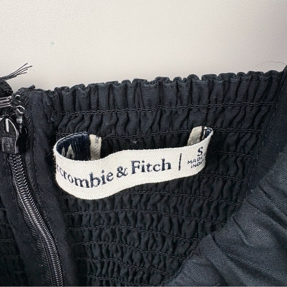 Abercrombie Puff Sleeve Plunge Midi Dress Black V Neck Cotton Blend Poplin Small - Picture 5 of 9